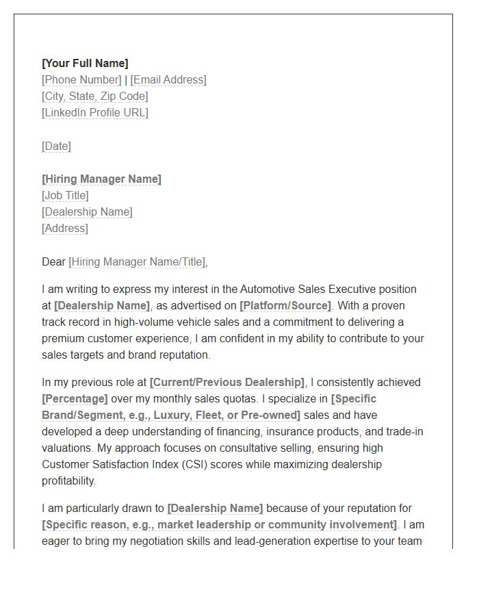 Automotive Sales Executive Cover Letter Template