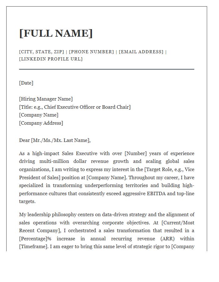 Executive Sales Leadership Cover Letter Template