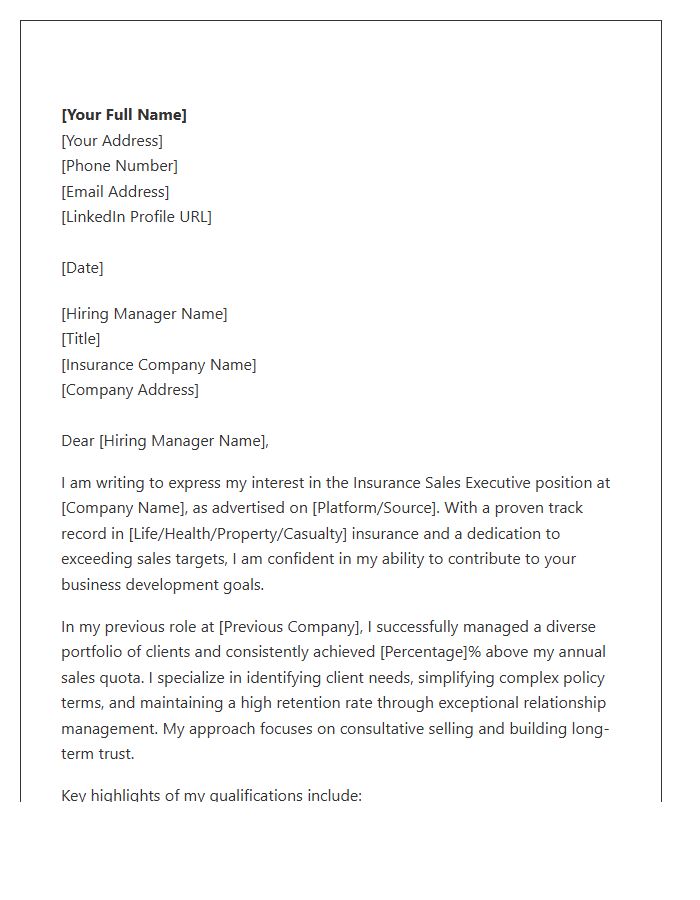 Insurance Sales Executive Cover Letter Template