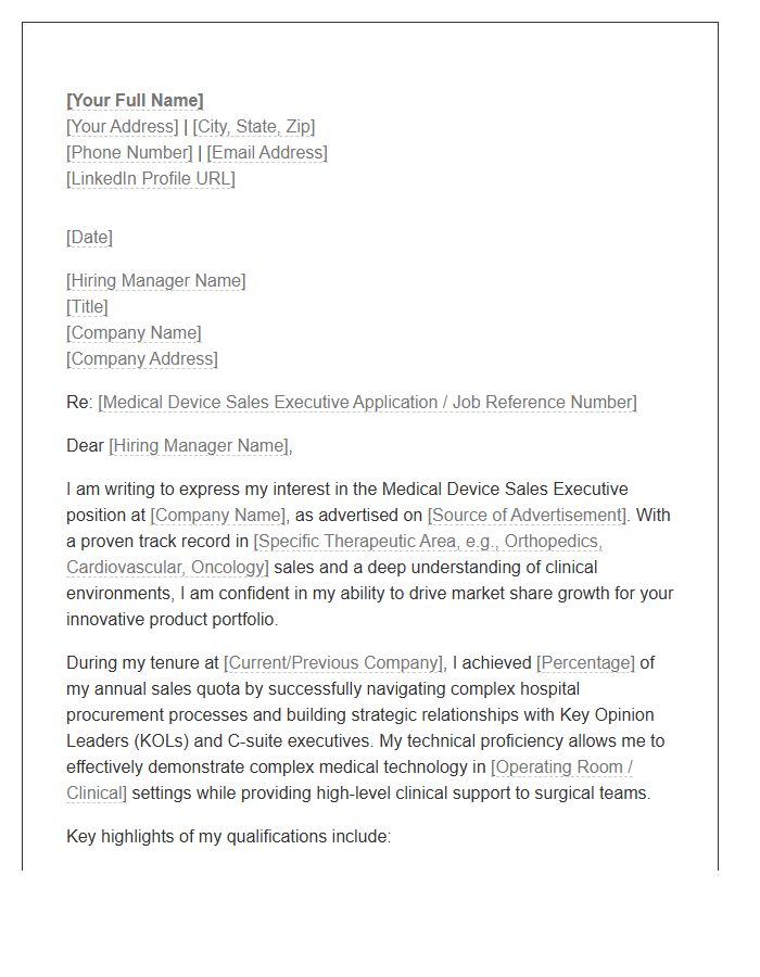 Medical Device Sales Executive Cover Letter Template