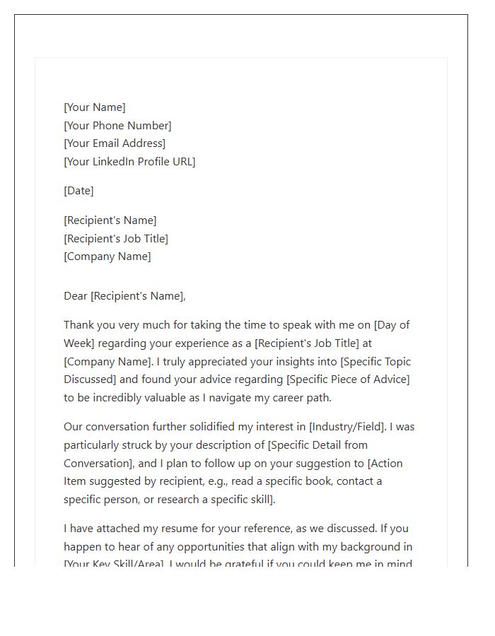 Career Networking Informational Interview Follow Up Cover Letter Template
