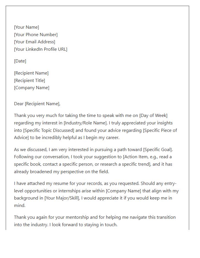 Entry Level Informational Interview Follow Up Cover Letter Template