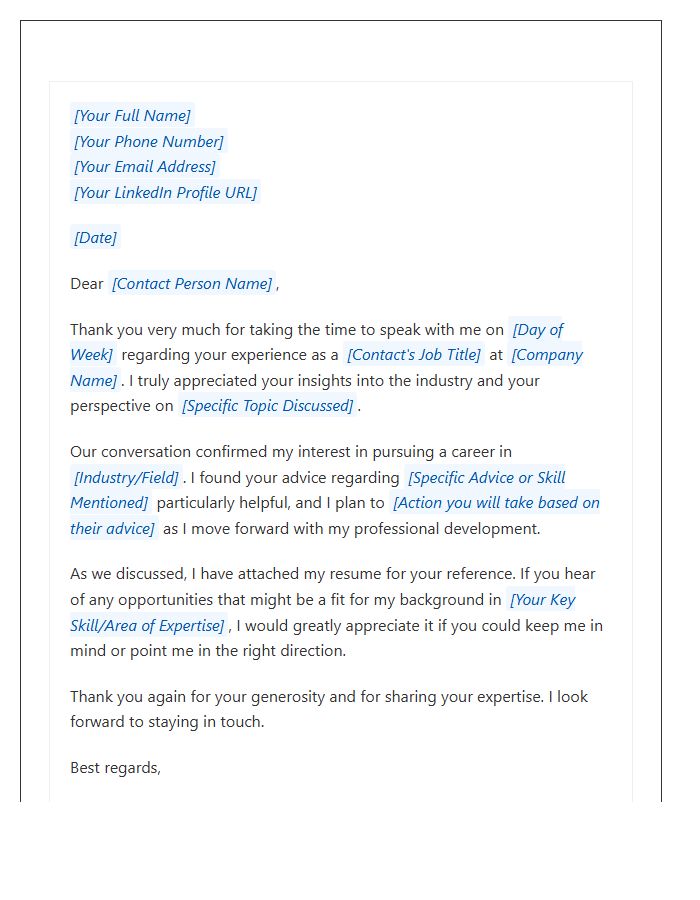 Informational Interview Professional Follow Up Cover Letter Template
