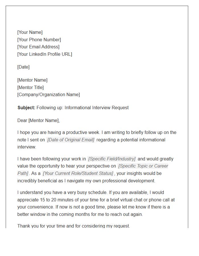 Mentor Request Informational Interview Follow Up Cover Letter Template