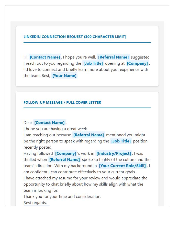 Job Referral LinkedIn Connection Request Cover Letter Template