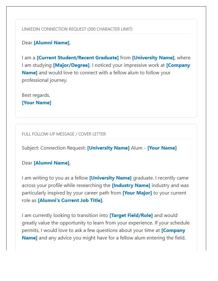 Professional Alumni LinkedIn Connection Request Cover Letter Template