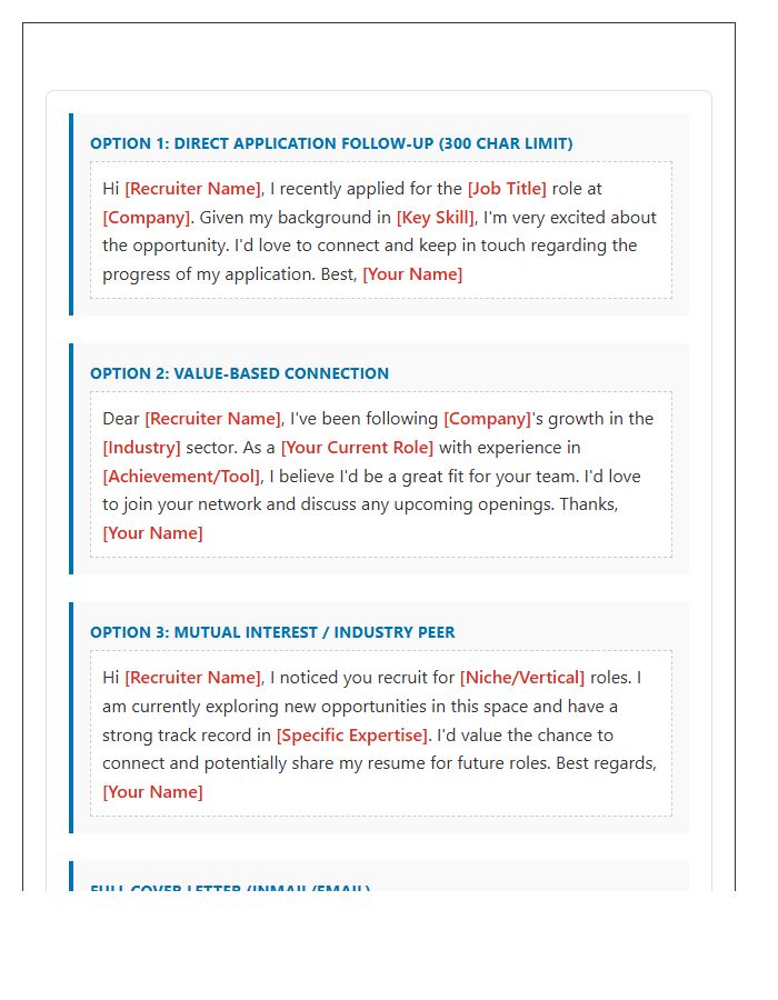 Recruiter Outreach LinkedIn Connection Request Cover Letter Template