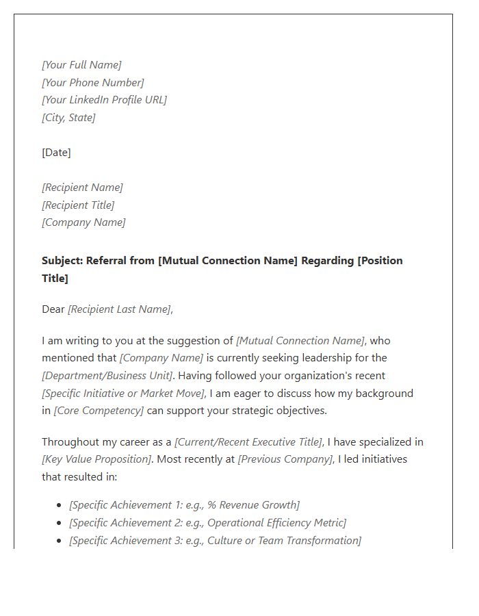 Executive Referral Networking Cover Letter Template
