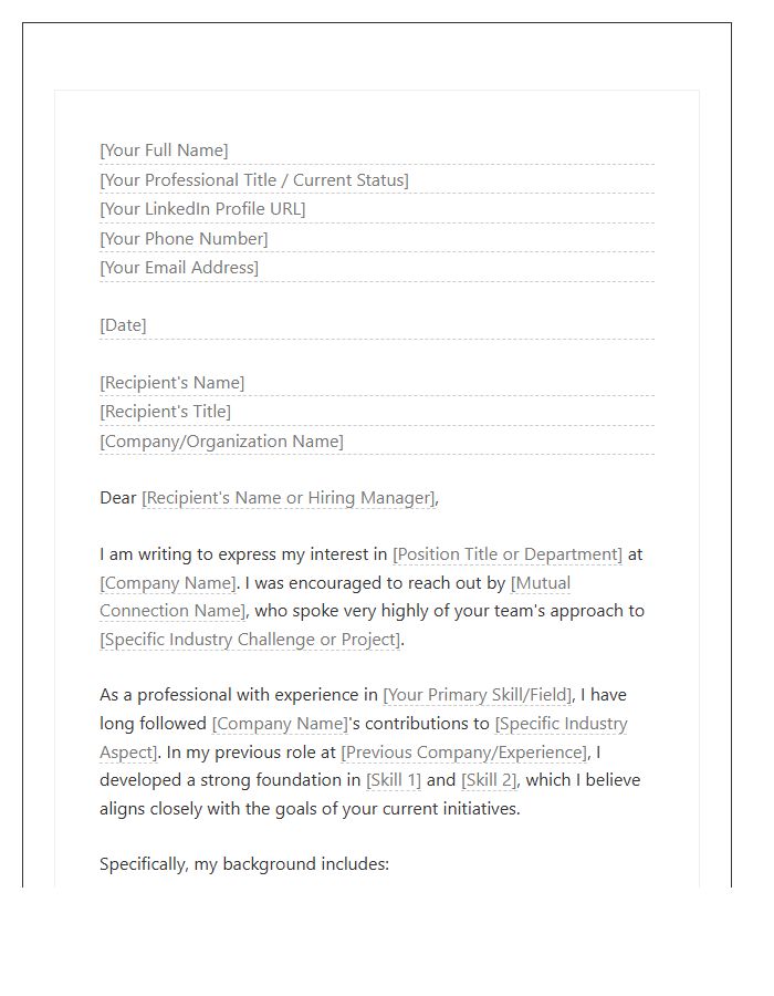 Industry Networking Connection Cover Letter Template