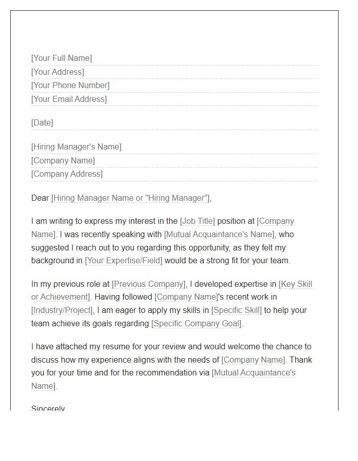 Mutual Acquaintance Referral Cover Letter Template