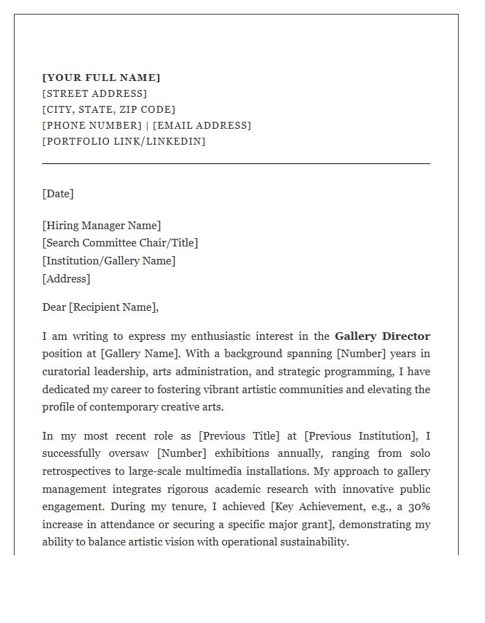 Creative Arts Exhibition Gallery Director Cover Letter Template