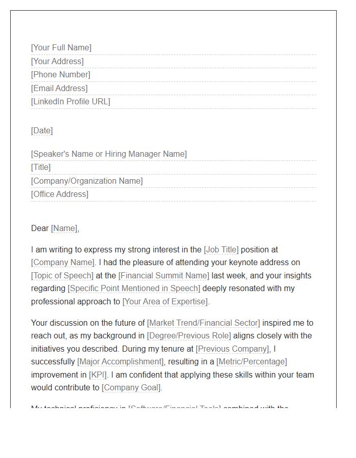Financial Summit Keynote Connection Cover Letter Template