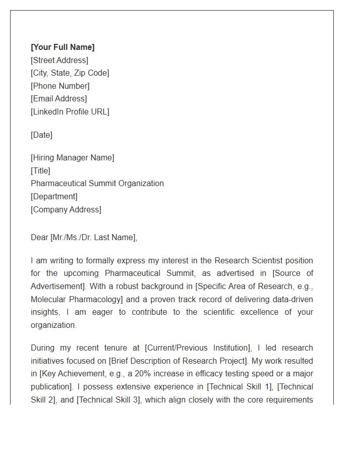 Pharmaceutical Summit Research Scientist Cover Letter Template