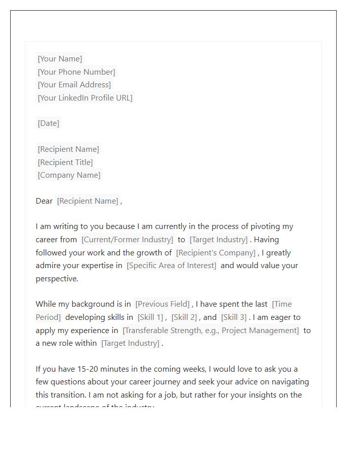 Career Change Networking Inquiry Cover Letter Template