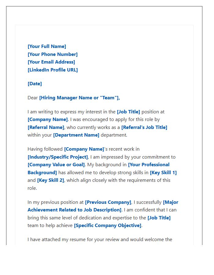 Internal Referral Networking Cover Letter Template