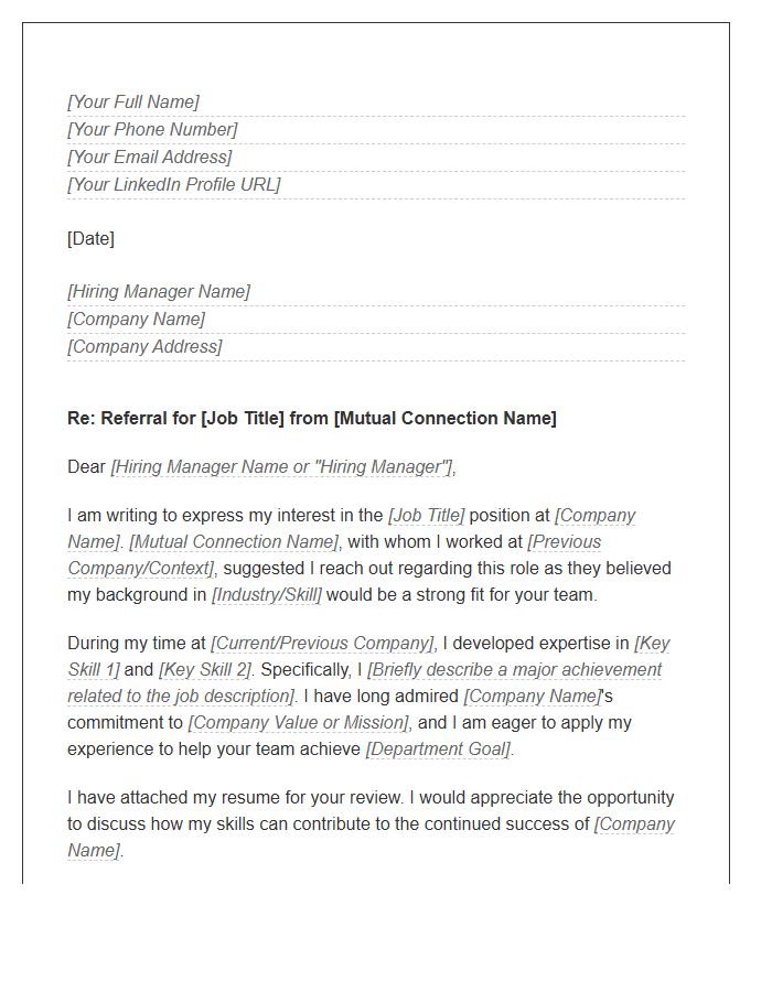 Mutual Connection Referral Cover Letter Template