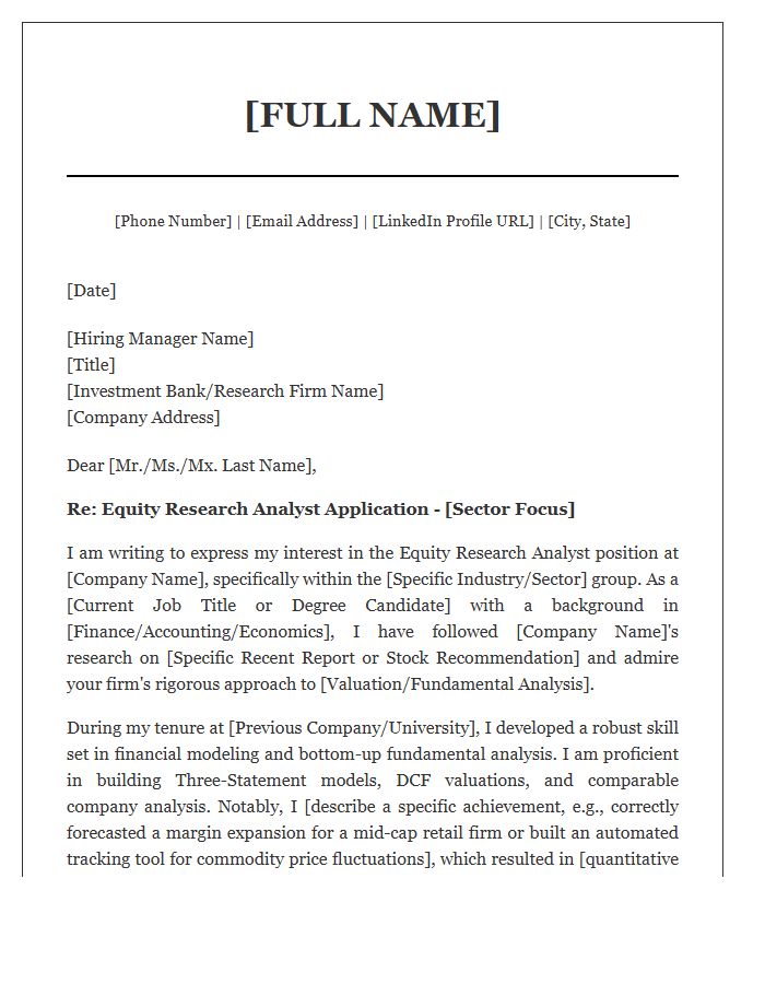 Equity Research Financial Analyst Cover Letter Template
