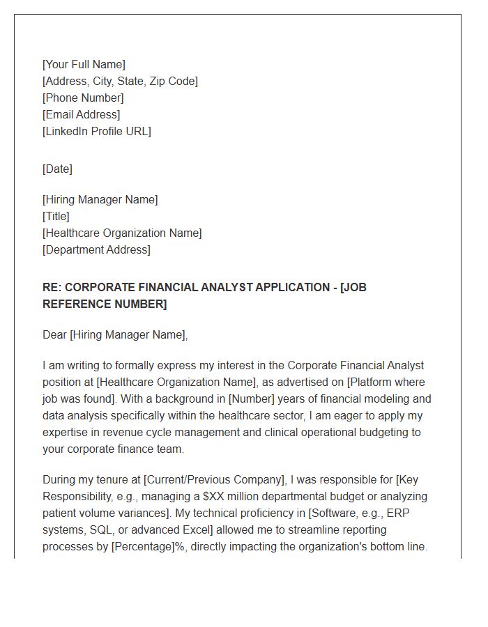 Healthcare Corporate Financial Analyst Cover Letter Template
