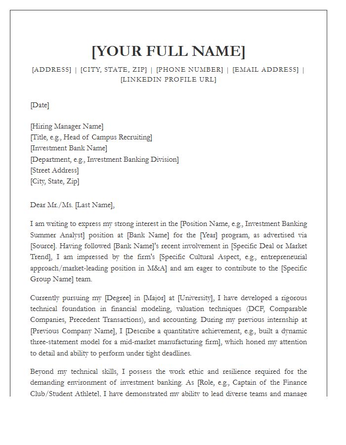 Investment Banking Financial Analyst Cover Letter Template