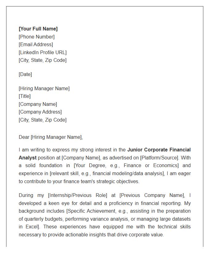 Junior Corporate Financial Analyst Cover Letter Template