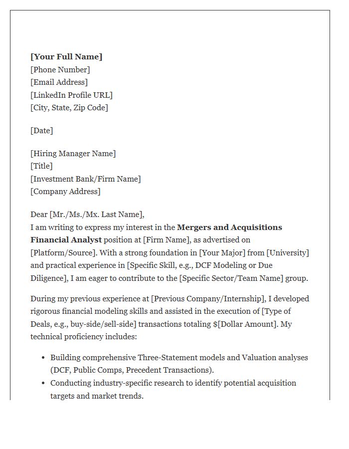 Mergers And Acquisitions Financial Analyst Cover Letter Template