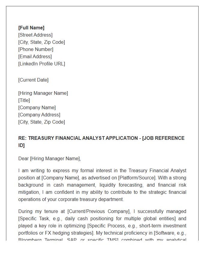 Treasury Financial Analyst Corporate Cover Letter Template