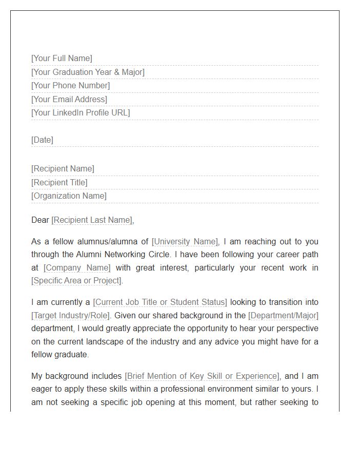 Alumni Networking Circle Cover Letter Template