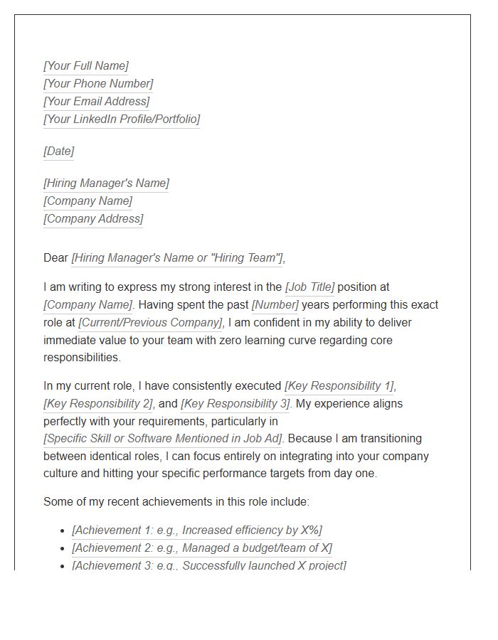 Identical Job Role Transition Cover Letter Template