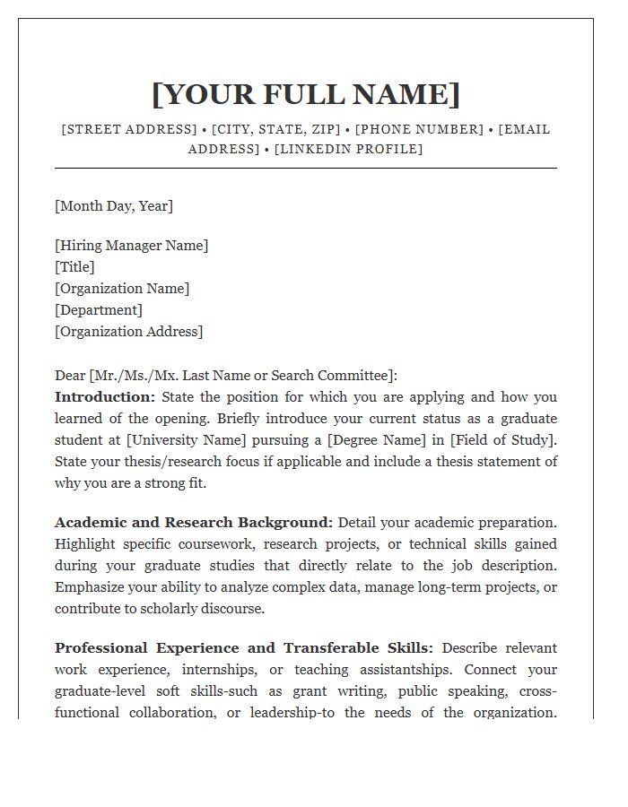 Graduate Student Professional Cover Letter Template Career Services