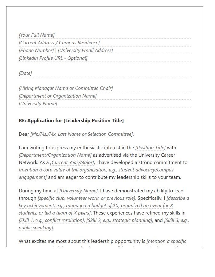 Student Leadership Cover Letter Template University Career Network