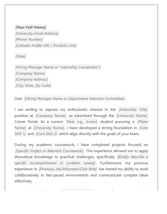 Undergraduate Internship Cover Letter Template University Portal