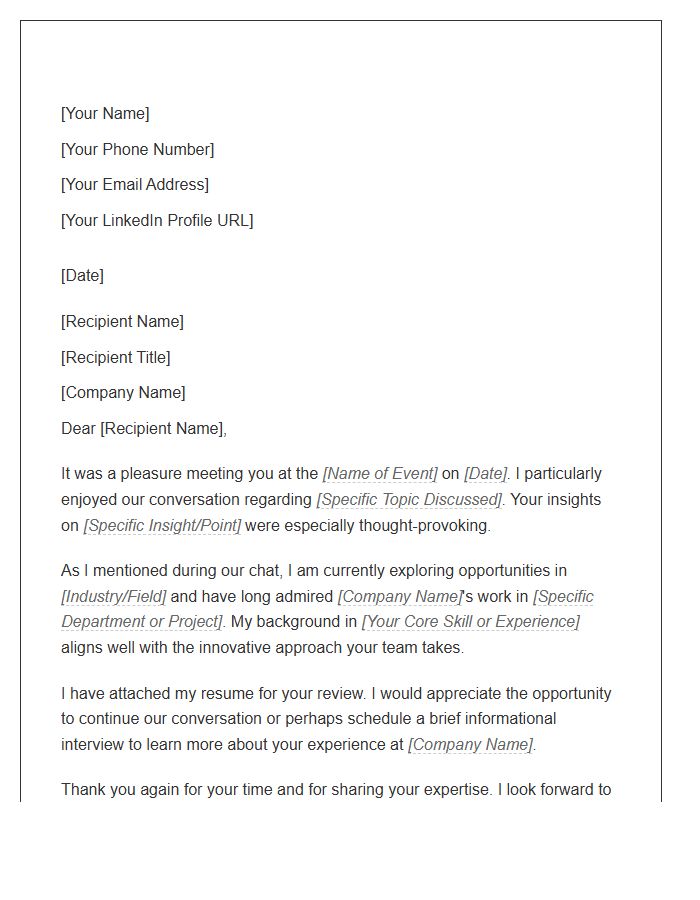 Post Event Networking Cover Letter Template