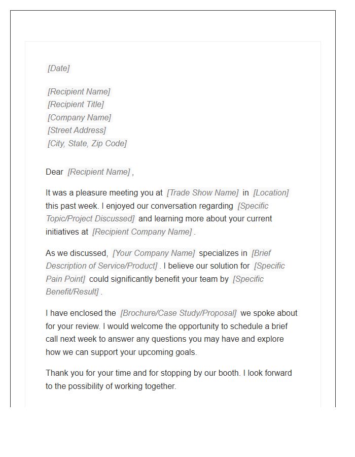 Post Trade Show Follow Up Cover Letter Template