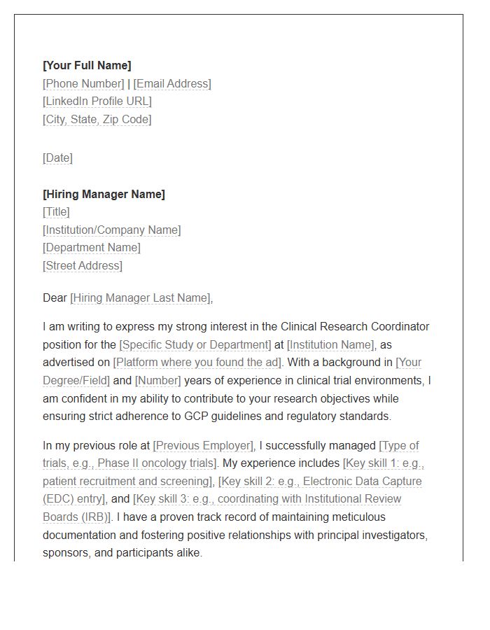 Clinical Research Coordinator Cover Letter Template
