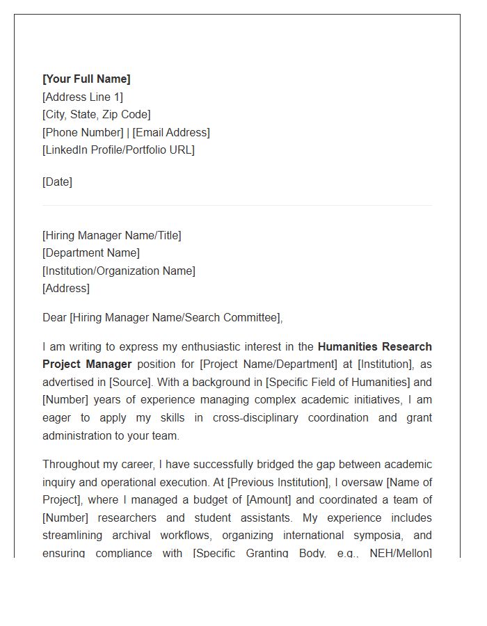 Humanities Research Project Manager Cover Letter Template