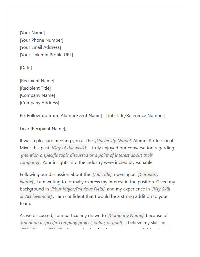 Alumni Professional Mixer Follow Up Cover Letter Template