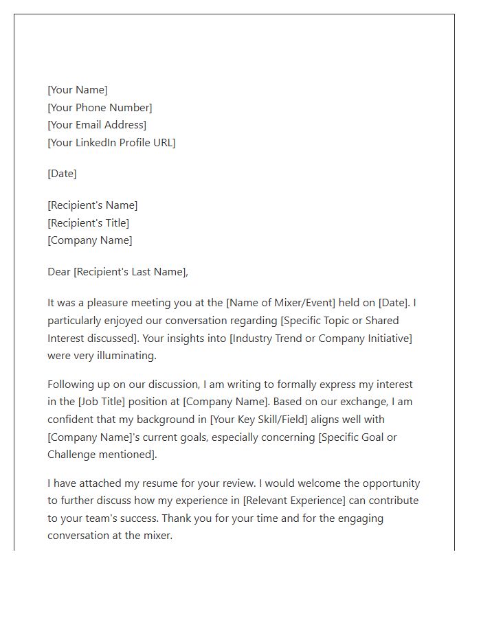 Business Professional Mixer Follow Up Cover Letter Template