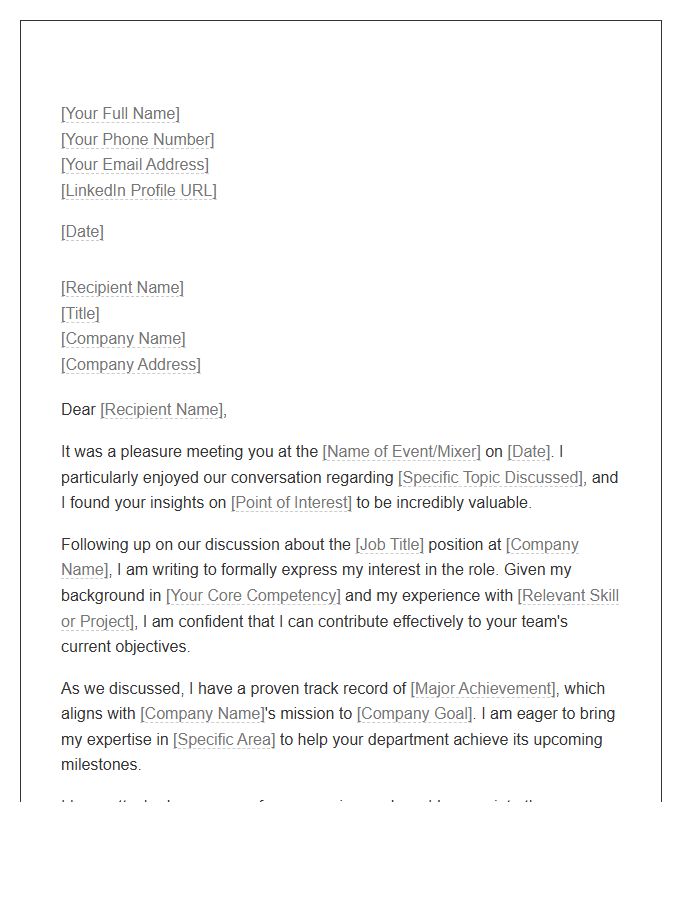 Corporate Professional Mixer Follow Up Cover Letter Template
