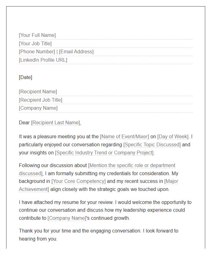 Executive Professional Mixer Follow Up Cover Letter Template