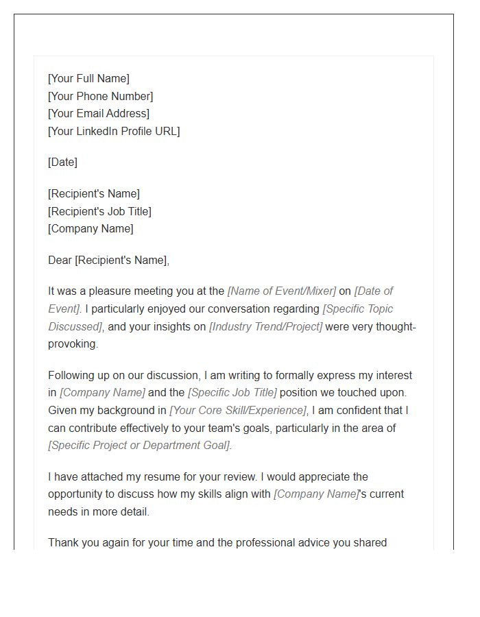 Industry Professional Mixer Follow Up Cover Letter Template
