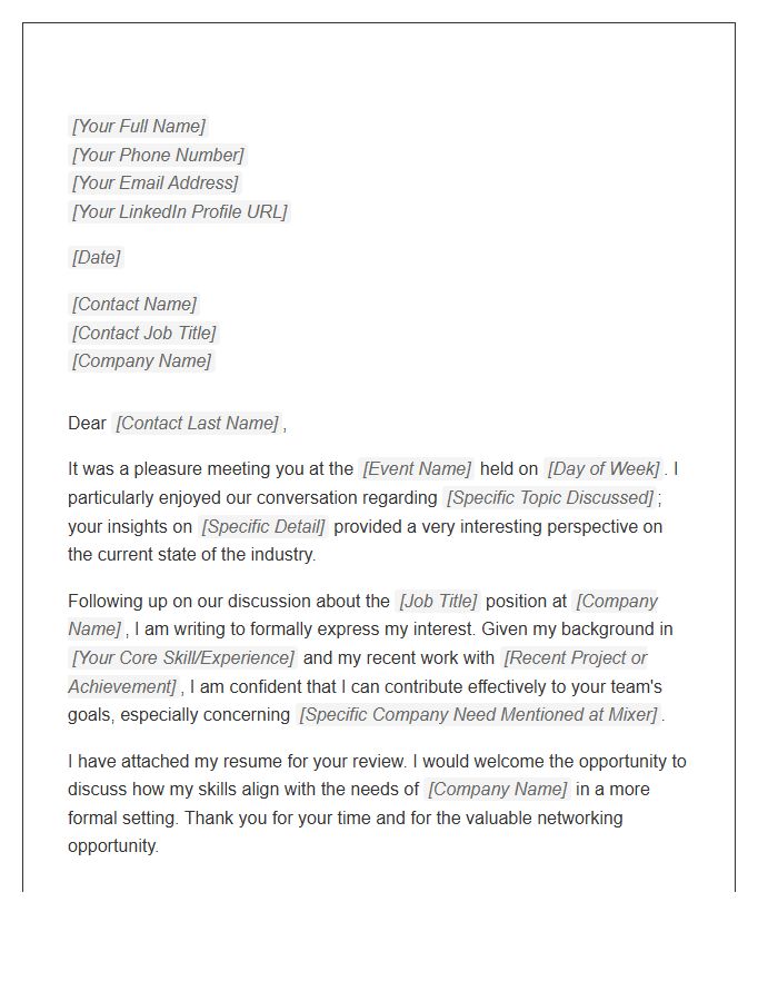 Post Professional Mixer Follow Up Cover Letter Template