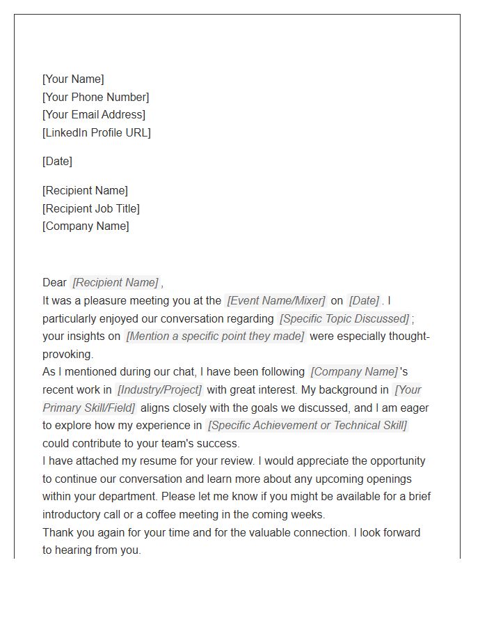 Professional Mixer Connection Follow Up Cover Letter Template