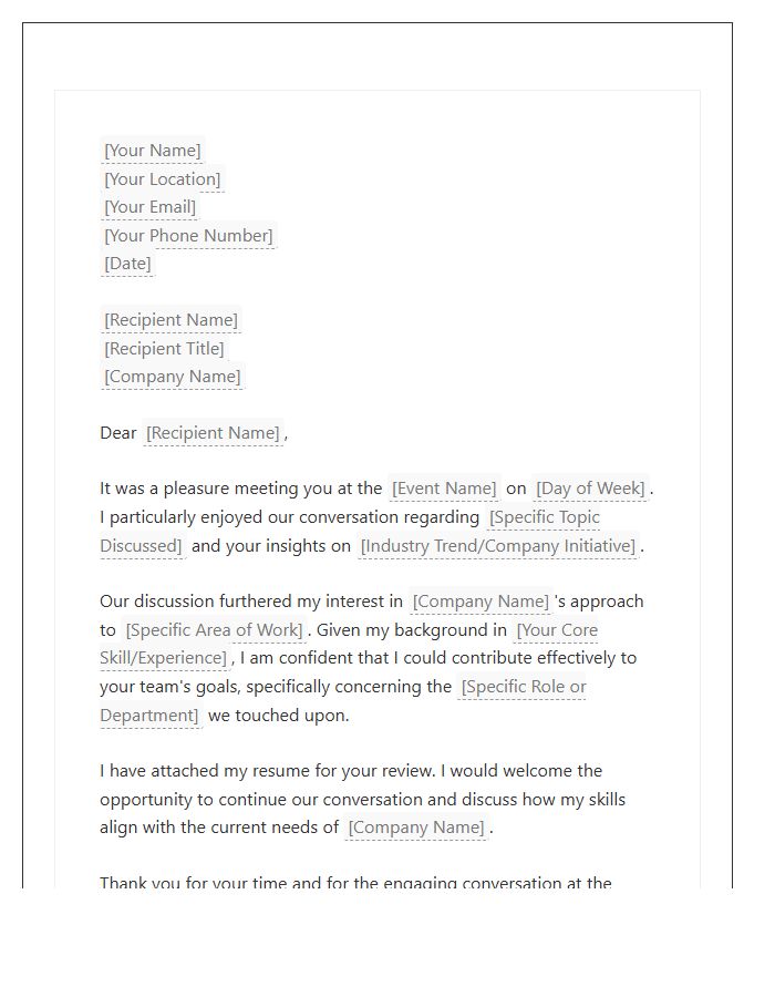 Professional Mixer Networking Follow Up Cover Letter Template