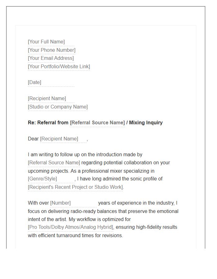 Professional Mixer Referral Follow Up Cover Letter Template