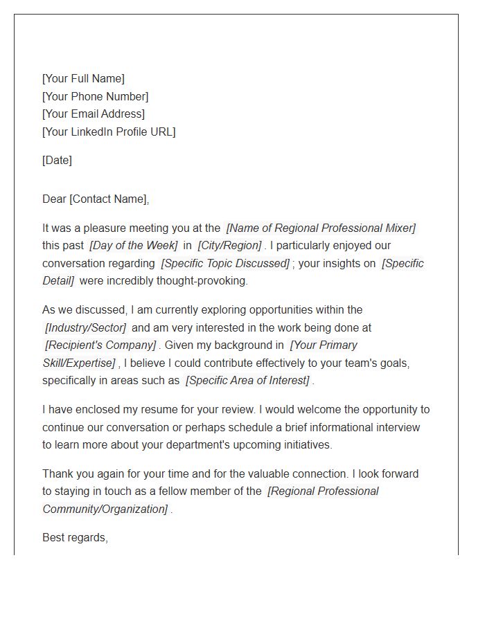 Regional Professional Mixer Follow Up Cover Letter Template