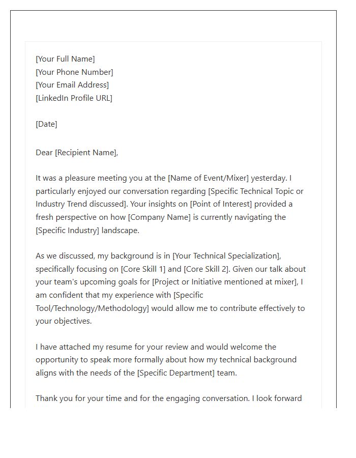 Technical Professional Mixer Follow Up Cover Letter Template