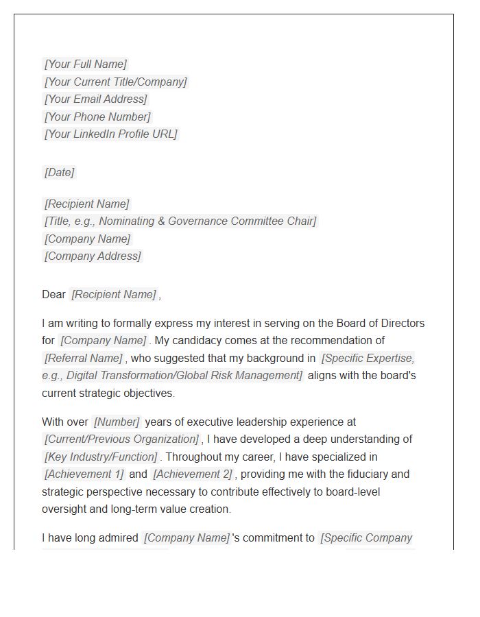 Corporate Board Member Referral Cover Letter Template