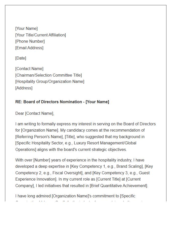 Hospitality Board Member Referral Cover Letter Template