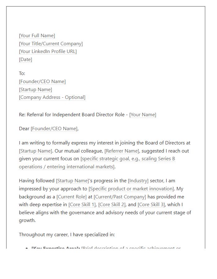Startup Board Member Referral Cover Letter Template