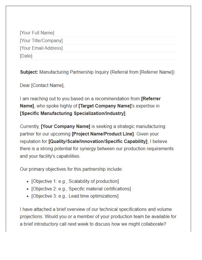 Manufacturing Partner Referral Networking Cover Letter Template